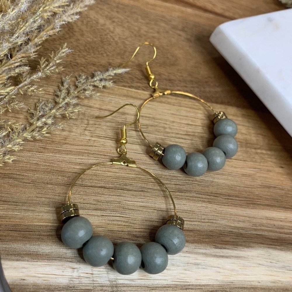 Sage Green and Gold Bead Hoop Earrings